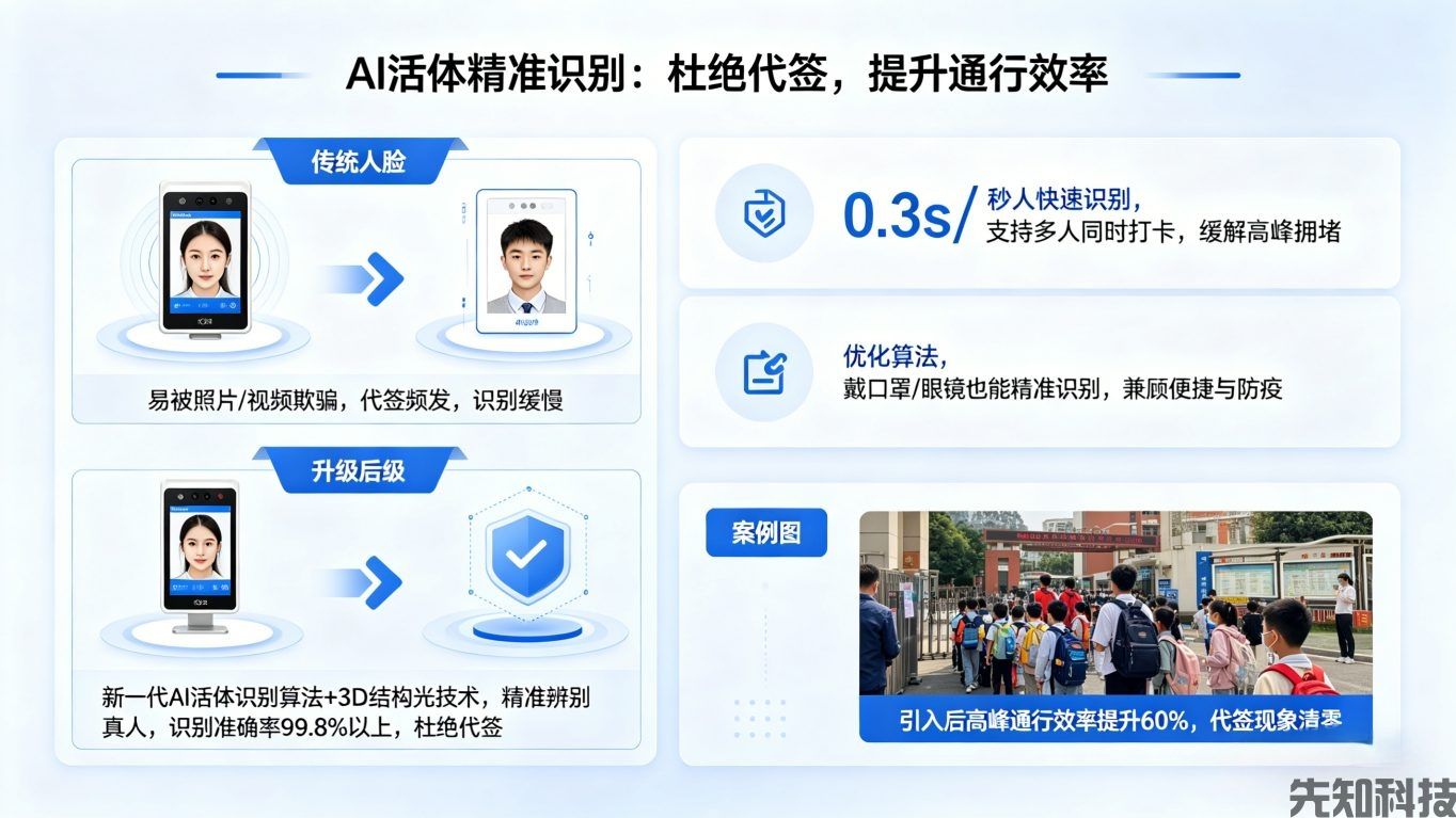 人脸识别校园考勤系统升级:精准识别+智能管控,筑牢校园安全防线(图1) 人脸识别校园考勤系统升级:精准识别+智能管控,筑牢校园安全防线(图1)