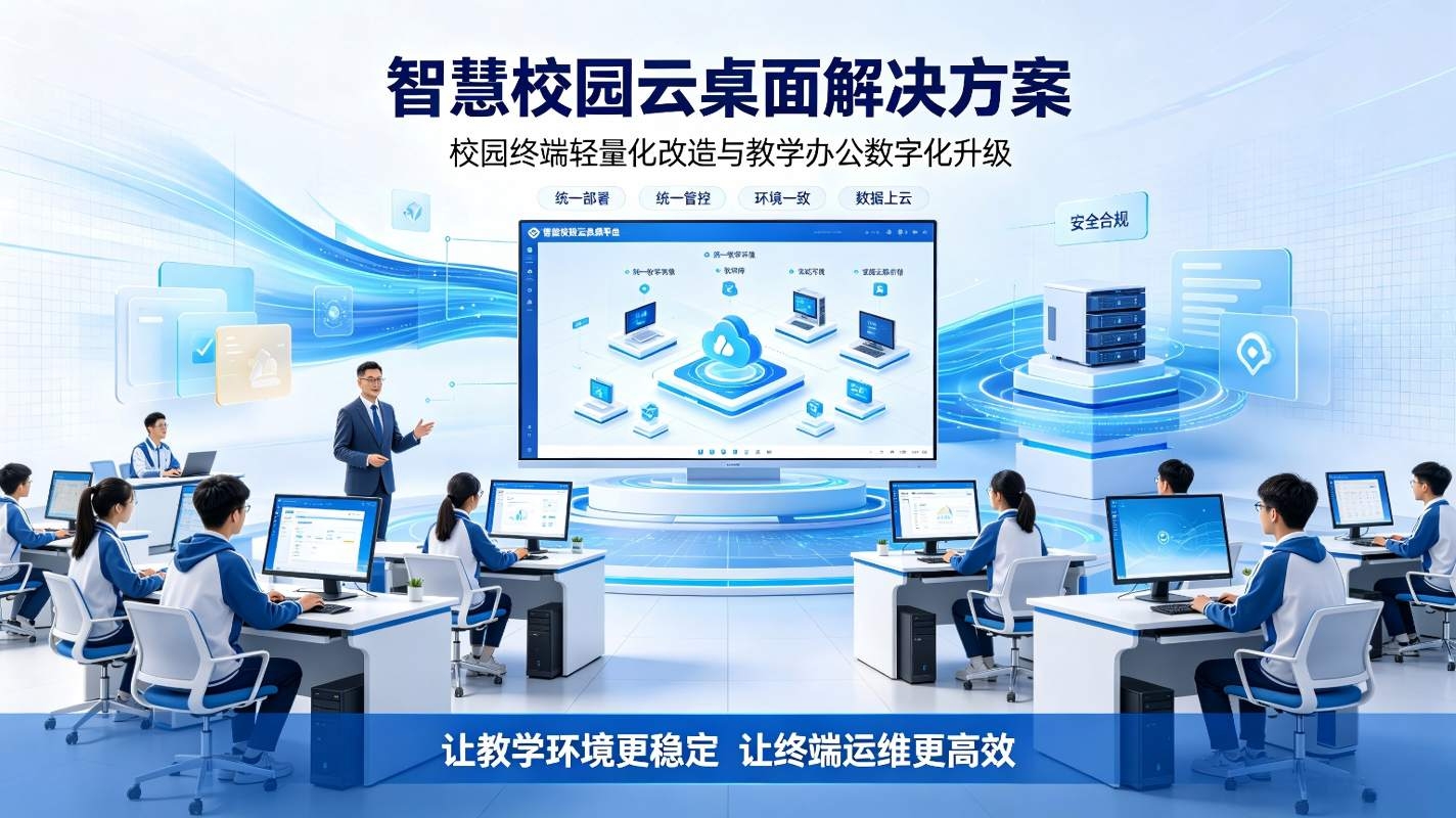 智慧校园云桌面解决方案:校园终端轻量化改造与教学办公数字化升级(图1) 智慧校园云桌面解决方案:校园终端轻量化改造与教学办公数字化升级(图1)